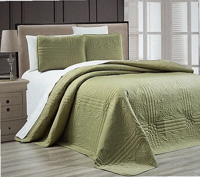 3-Piece Dark SAGE Green Oversize Stella Grande Bedspread King/Cal King Emboss...
