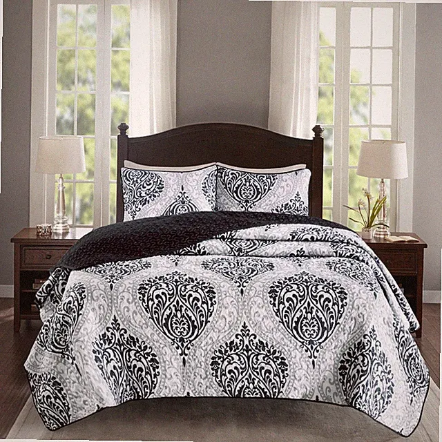 Coco 3 Piece Quilt Coverlet Bedspread Ultra Soft Printed Damask Pattern Hypoa...