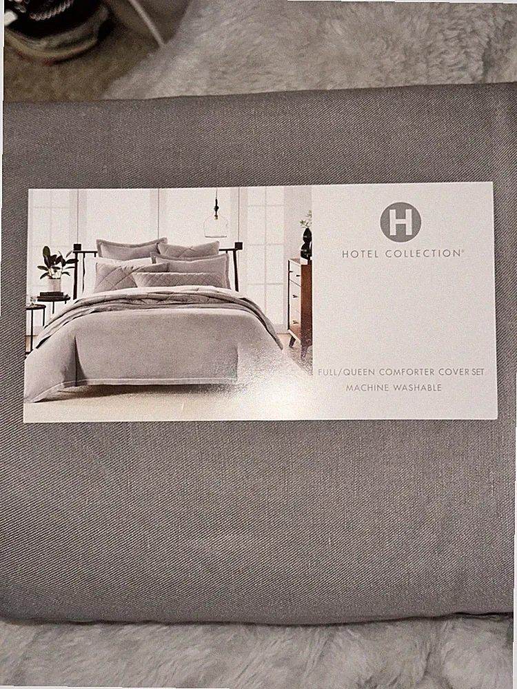 Hotel Collection "Linen Modal" 3 Piece Queen Duvet With Shams, Slate Gray New