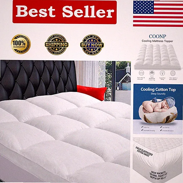 Queen Mattress Topper: Extra Thick Pillowtop, Cooling Cotton Pad - Machine Wa...