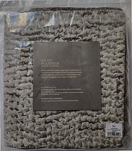 Restoration Hardware Velvet Pick Stitch Quilted Standard 1-Sham 20"x28" Graphite